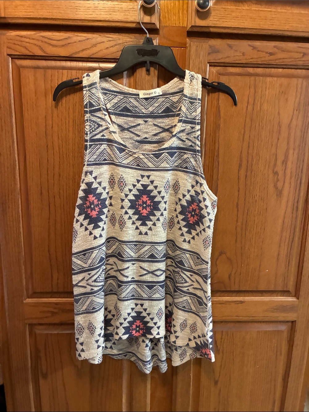 Ginger G Cream and Navy Aztec Tank with Pink Motifs junior  size L